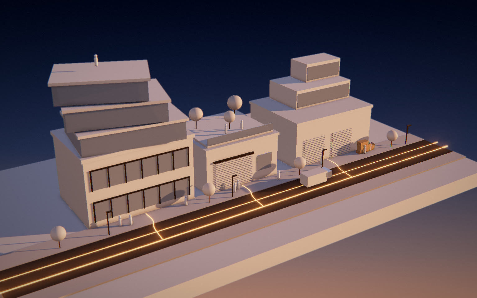 The same model street in morning light: glowing orange lines run along the street, and new floors fan out on the roofs.