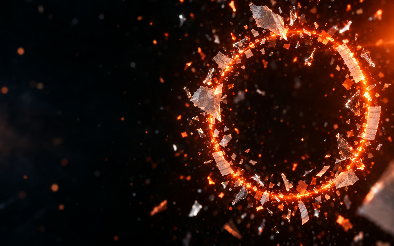 Seen from one exact viewpoint, hundreds of the fragments line up into a perfect glowing orange ring.