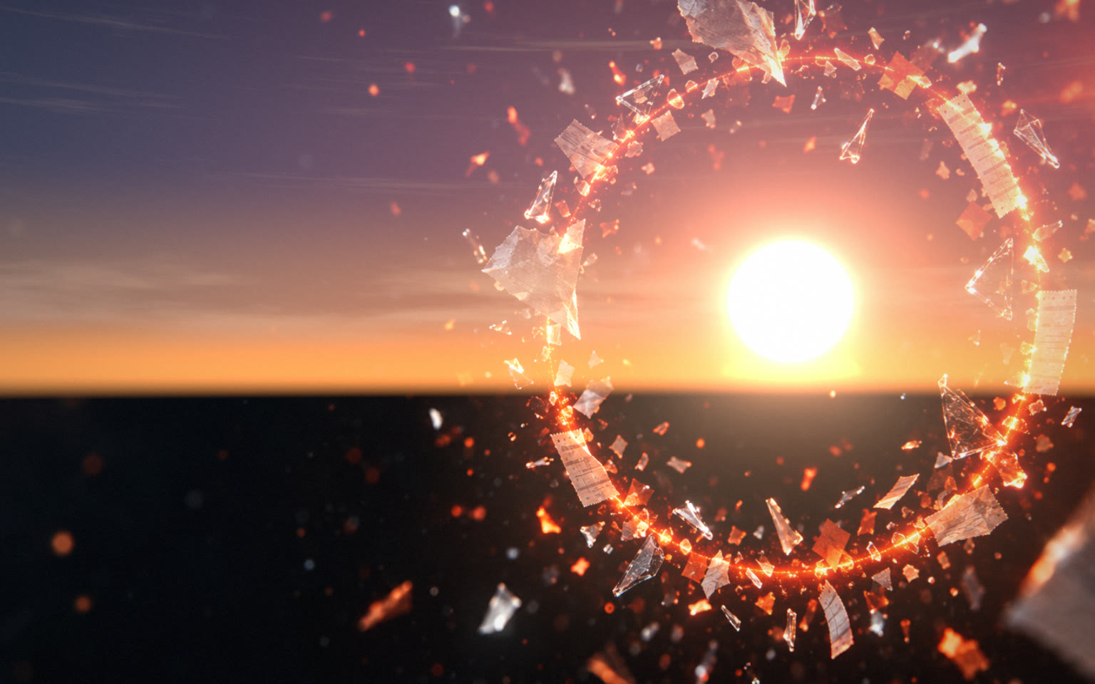 The ring of floating fragments now surrounds the sun rising over the horizon.
