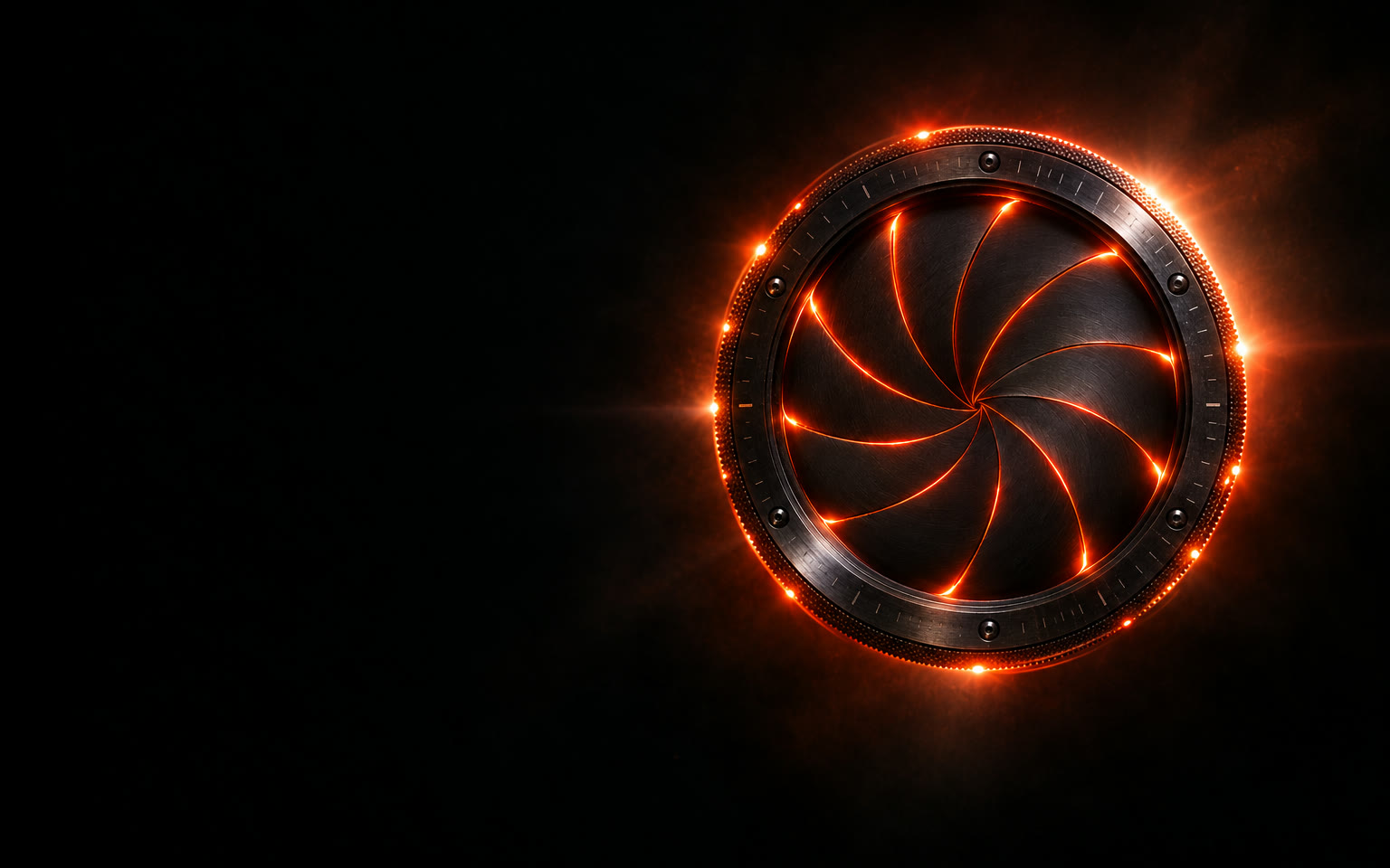 The iris, smaller and to the right, with light glowing through its seams and points of light running round its ring.