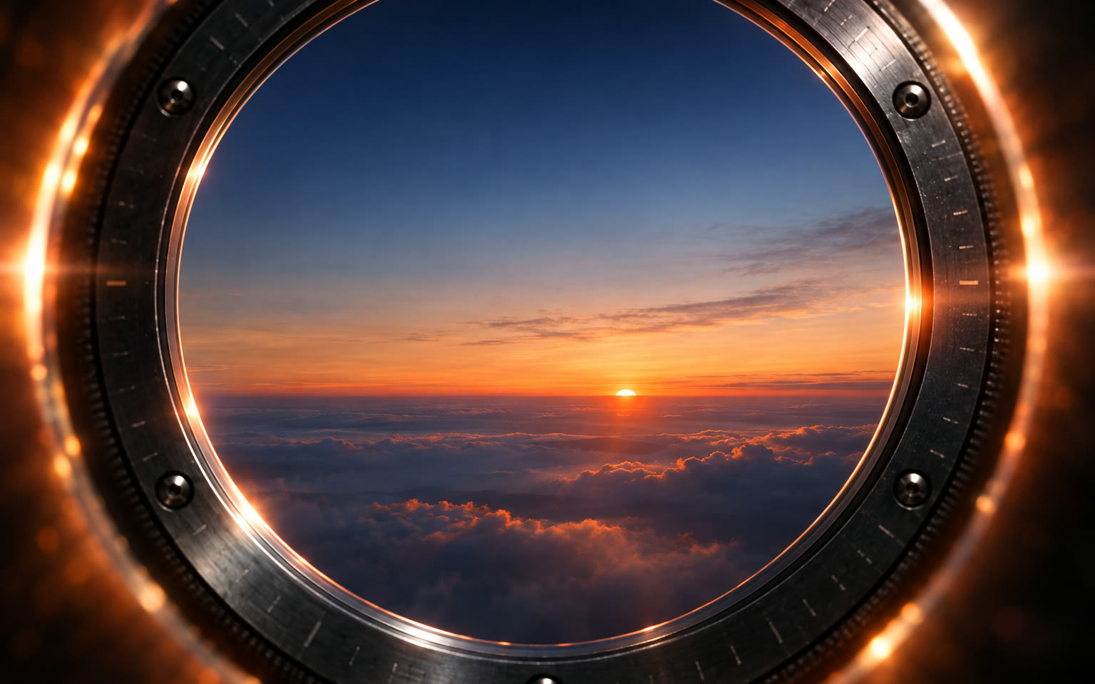 Looking through a wide open metal ring onto a sunrise above the clouds.