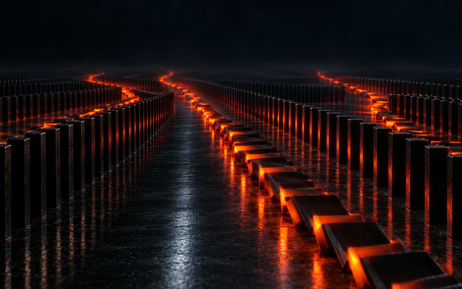 The cascade has split into several branching orange paths running away between rows of standing black tiles.