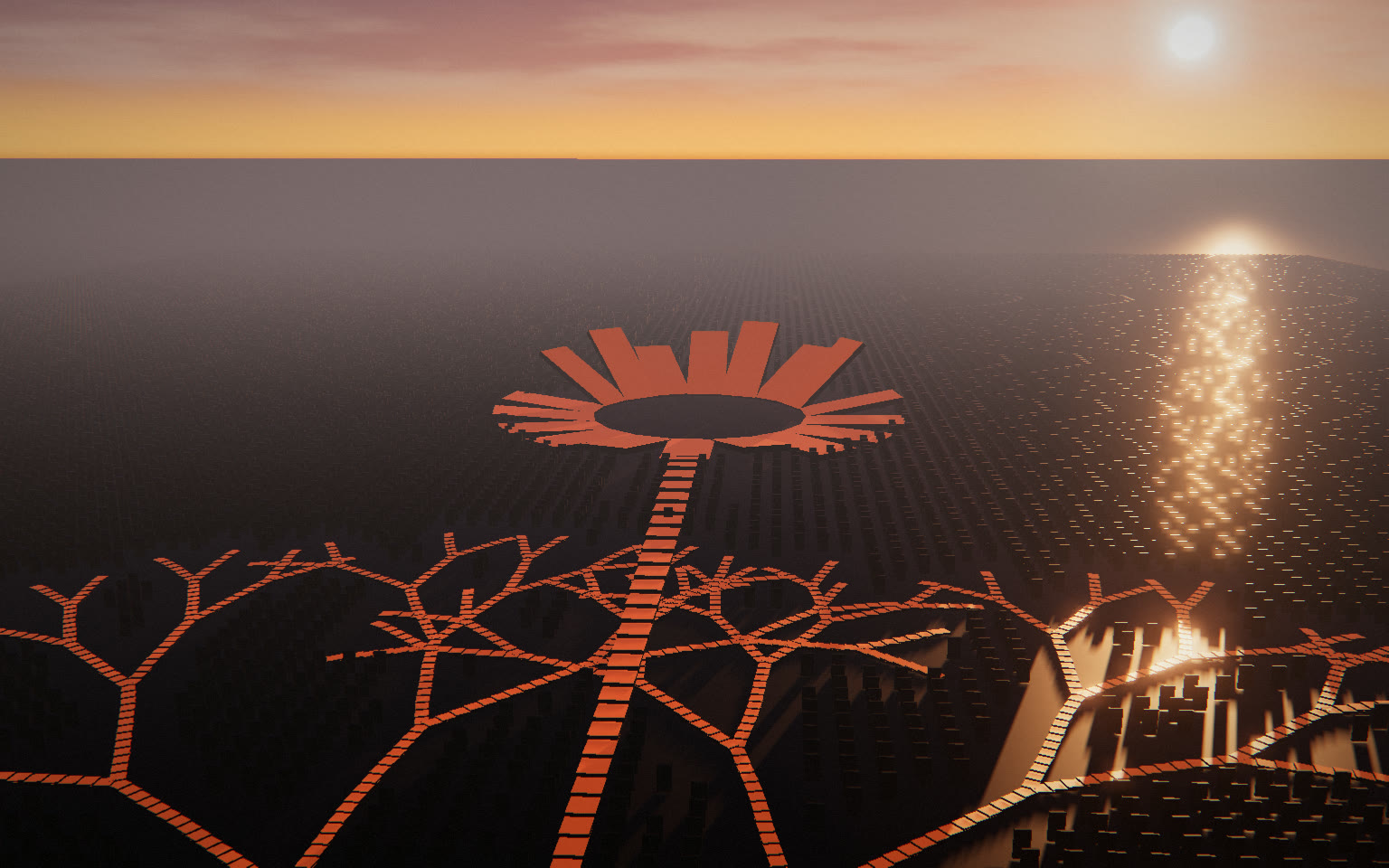 From above at sunrise: branching orange paths of fallen tiles cross a field of black tiles toward a ring of giant tiles falling outward.