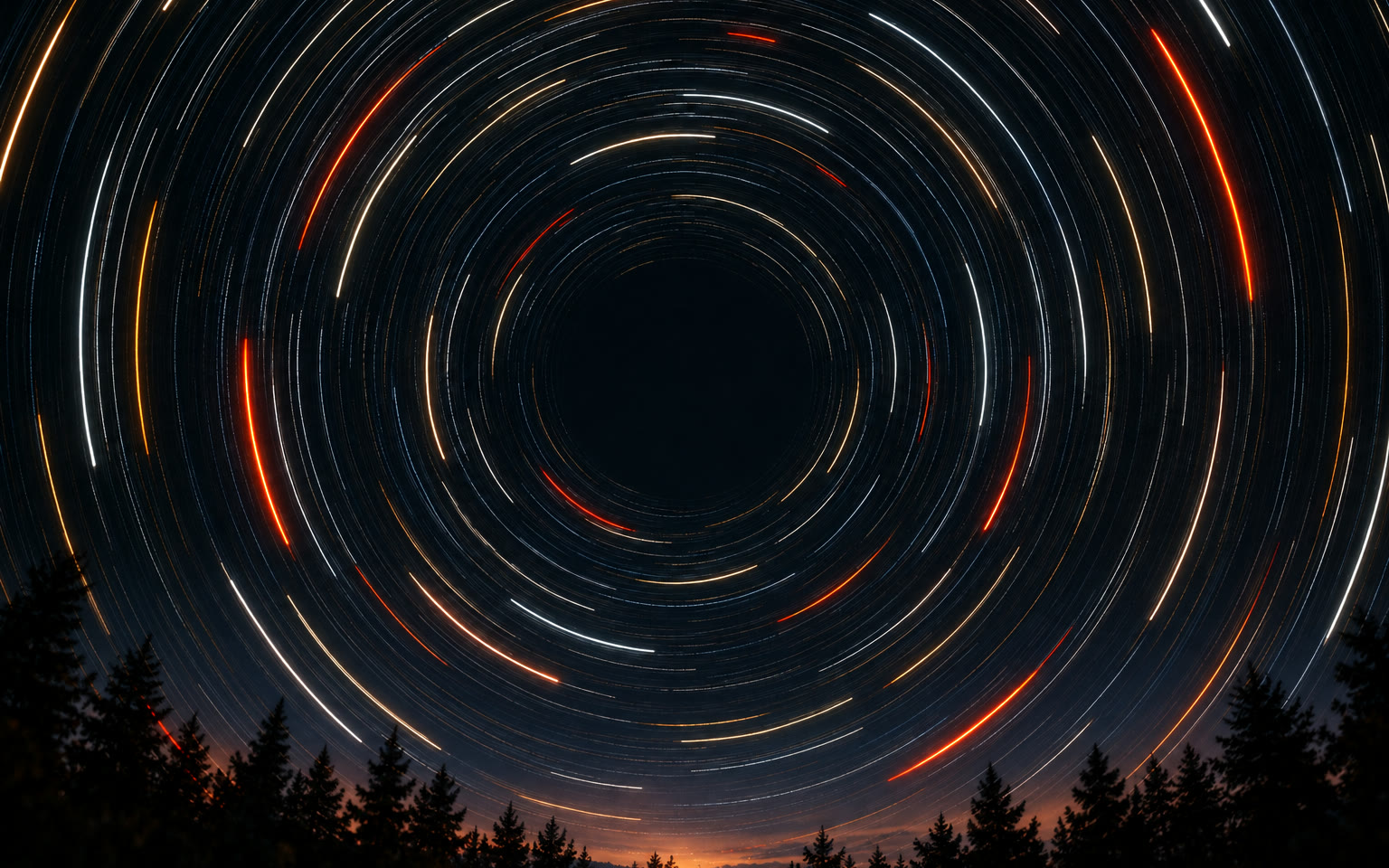 The star trails keep circling around a calm dark centre; a faint warm glow appears above the treeline.