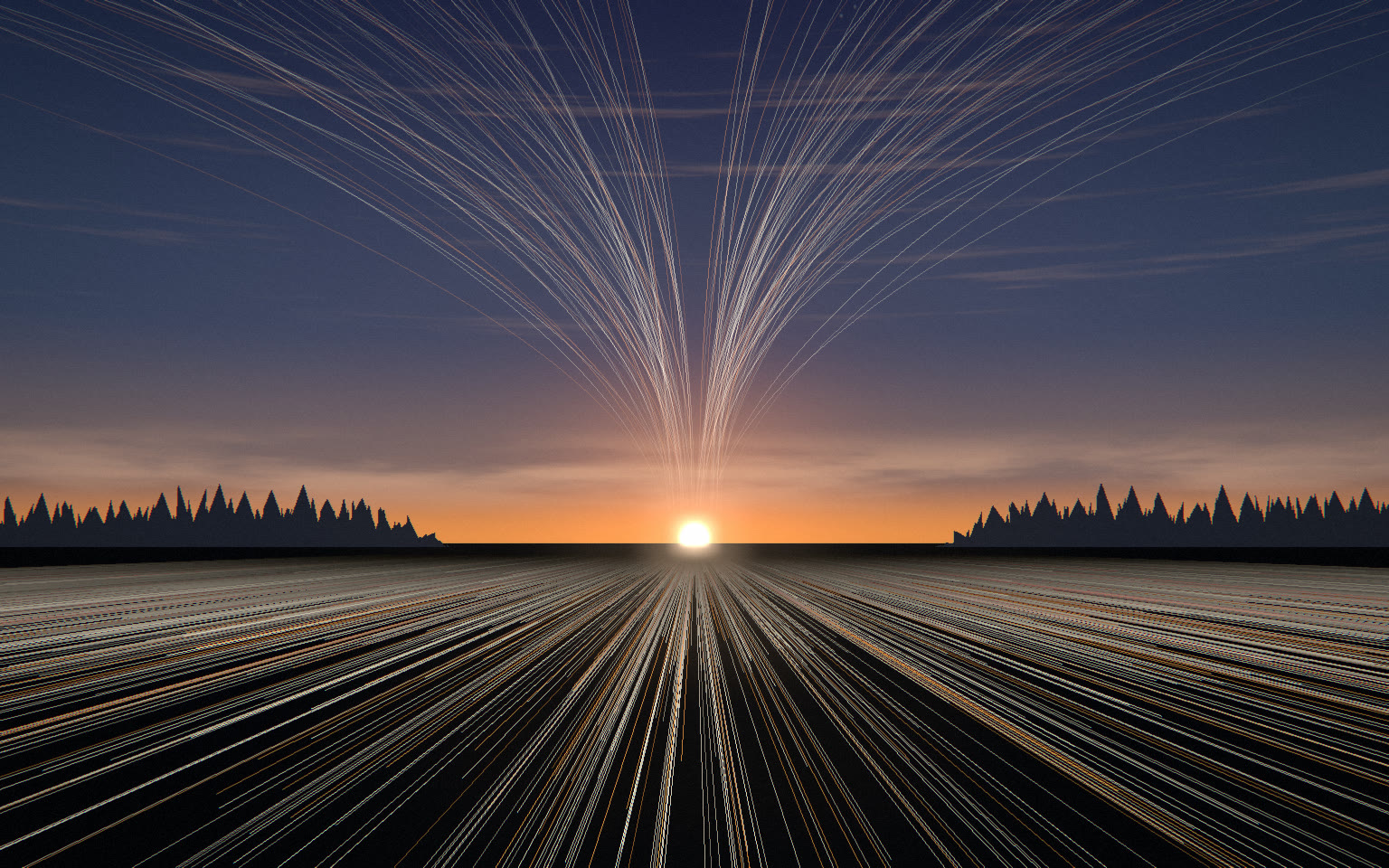 Light streaks run across dark land toward the rising sun and rise from it into a wide, opening fan of fine lines.