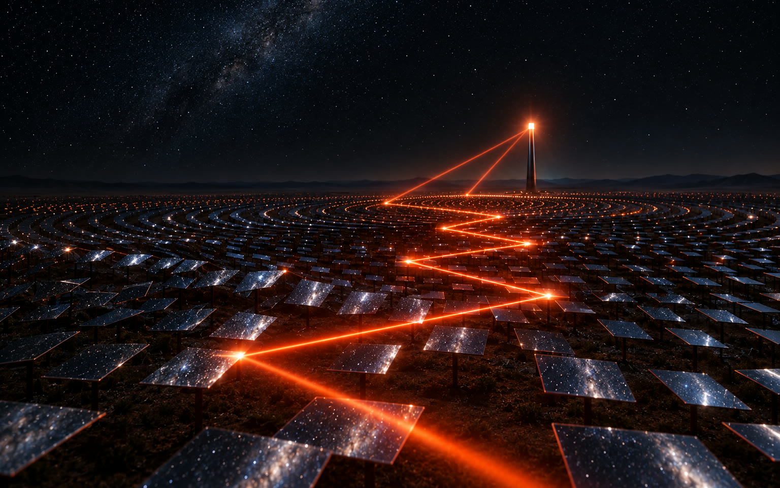Several orange beams now zigzag across the mirror field to the glowing tip of the tower under a starry sky.