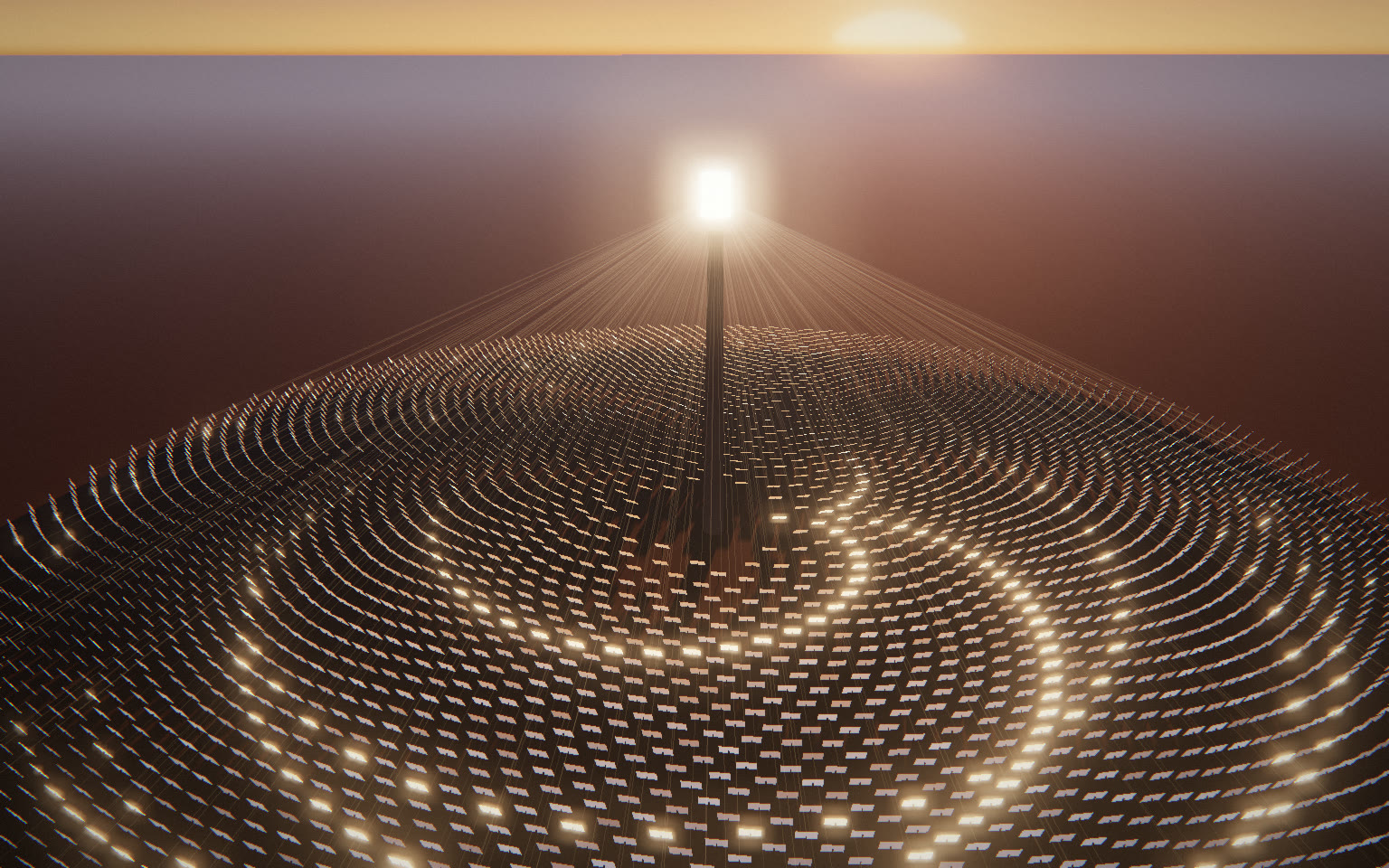 Seen from above at sunrise, thousands of mirrors form a golden spiral, their beams converging on a blazing tower.