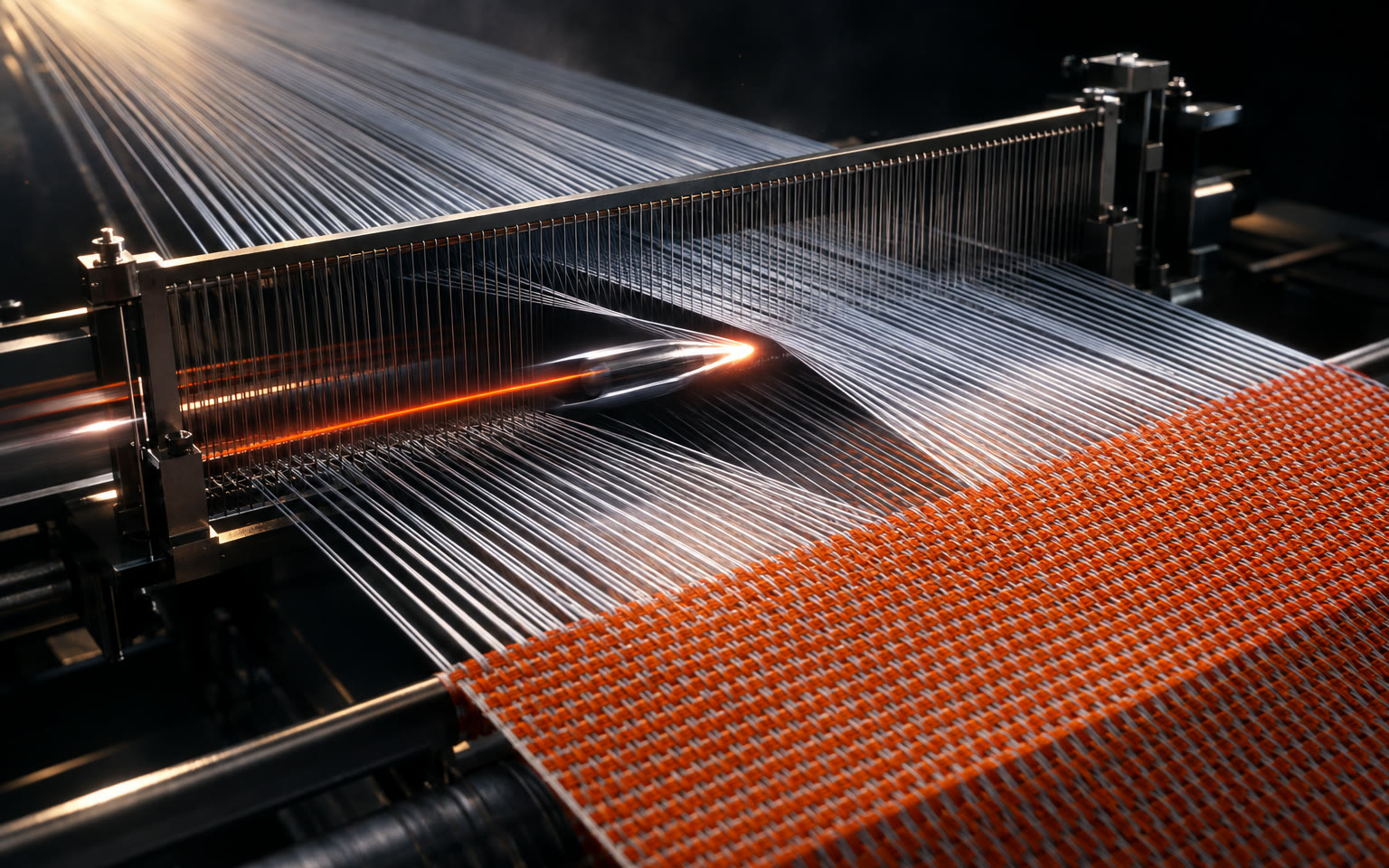 The full loom: warp threads, a heddle frame, the shuttle, and a wide band of orange woven fabric in the foreground.