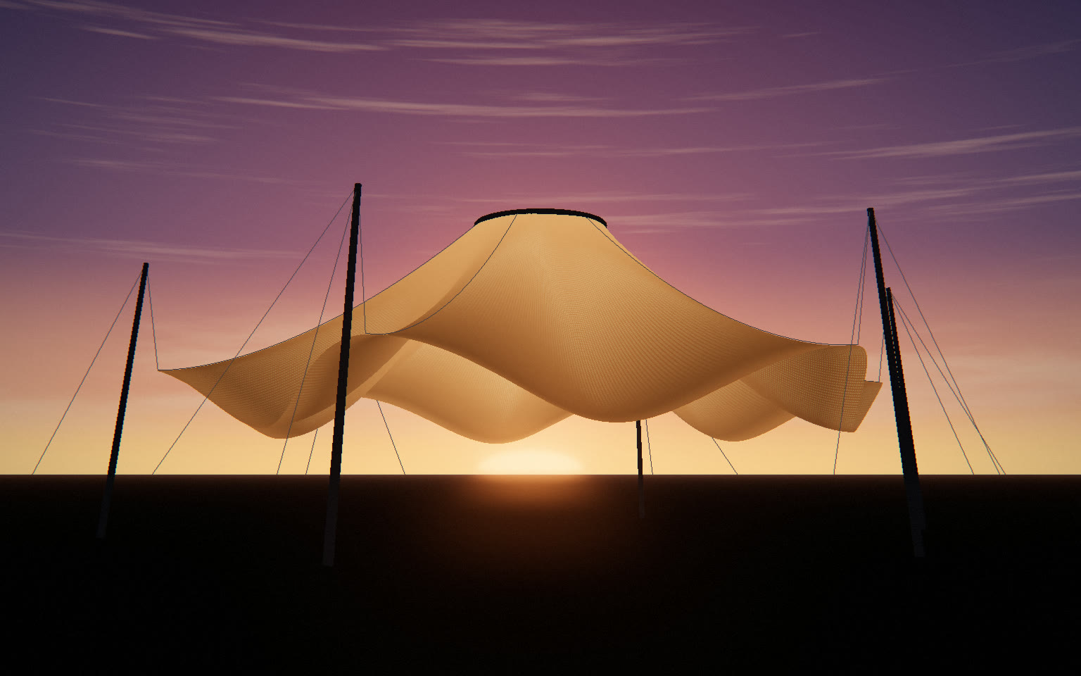 A woven tensile canopy on steel masts and cables, glowing gold against the sunrise.