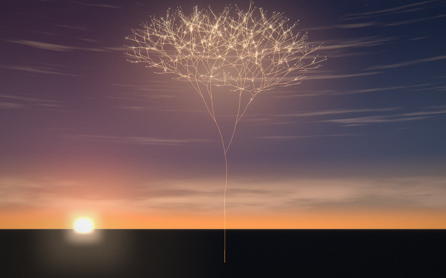 At sunrise, a single glowing stem rises from the land and branches into a wide crown of fine filaments.
